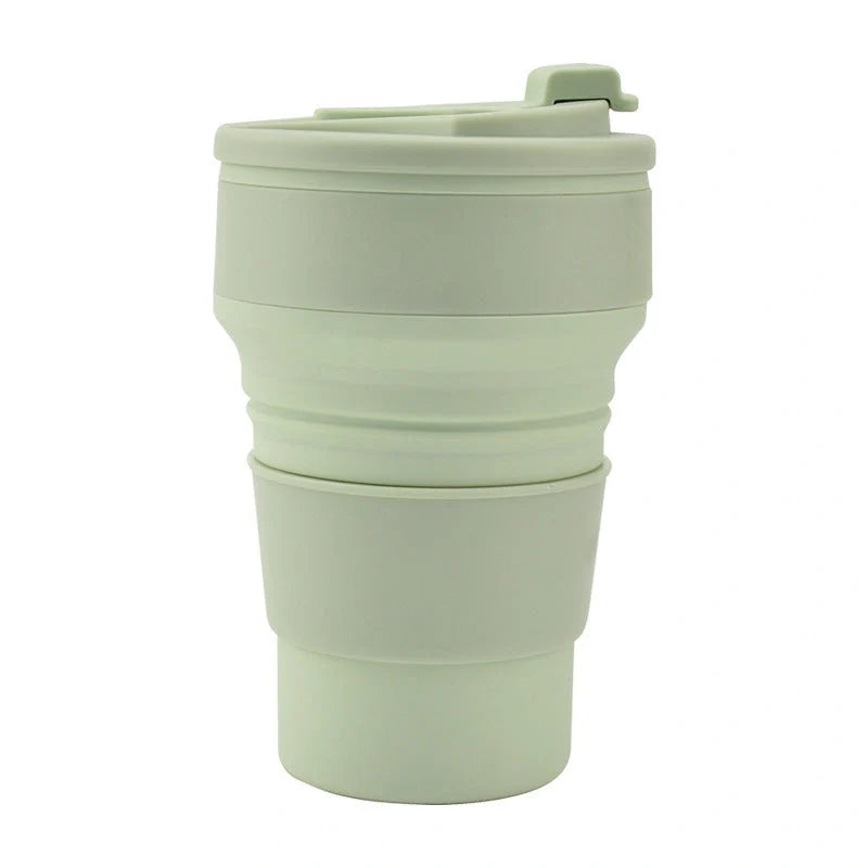 Collapsible silicone travel mug with leak-proof cover in various colors