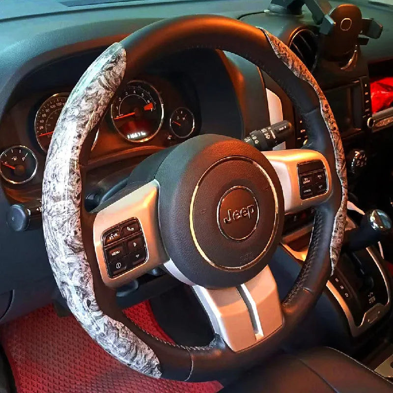 Peach wood grain steering wheel sleeve in crystal brown colour, fitted on a 38cm diameter wheel for sedans and off-road vehicles