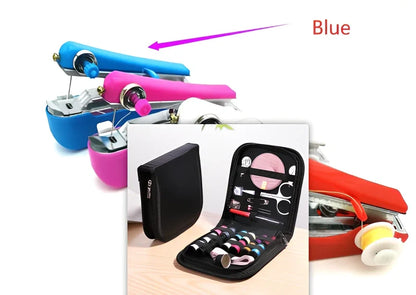Small blue hand-held manual sewing machine showing stainless steel components and compact 11cm design