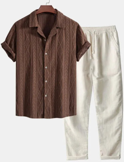 Slim-fit casual suit with digital camouflage print, short-sleeved lapel shirt, and matching trousers for leisure wear