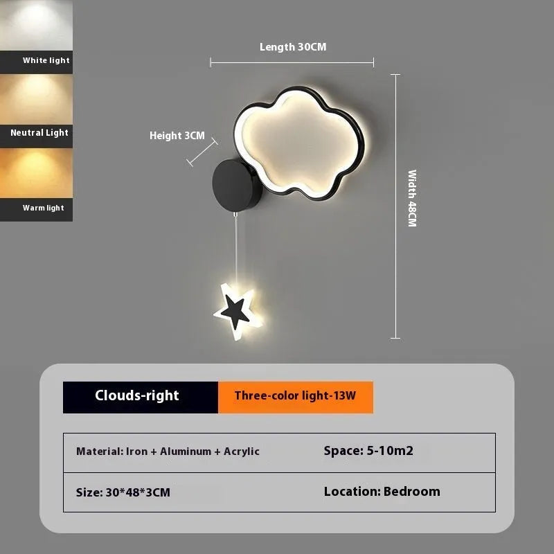 Black five-pointed star shaped children's wall lamp with a left-facing cloud design and touch control for three colour LED light.