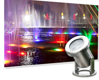 Silver LED underwater spotlights with 3 lamp beads showing 30-degree beam angle illumination in pool water