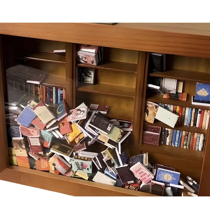 Wooden antique finish bookshelf ornament with 200 small books, 25.4 cm tall for decompression