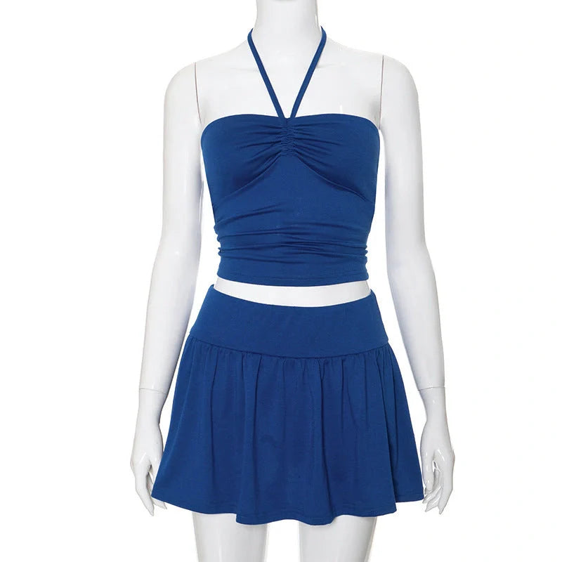 Women's summer sleeveless tube top and pleated skirt set in various colors