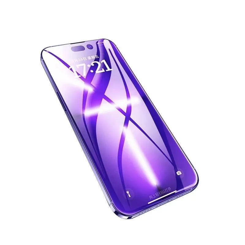 Tempered glass screen protector for iPhone with sticker box, available in HD clear or 28° anti-peep styles.