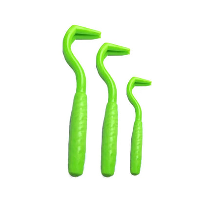 Set of three coloured tick hook removal tools for dogs on a white background.