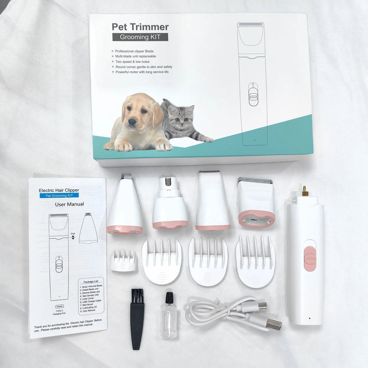 Pet shaver electric clipper suit with ABS body and white porcelain blade, shown in grey, pink, or blue set options.