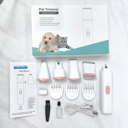 Pet shaver electric clipper suit with ABS body and white porcelain blade, shown in grey, pink, or blue set options.