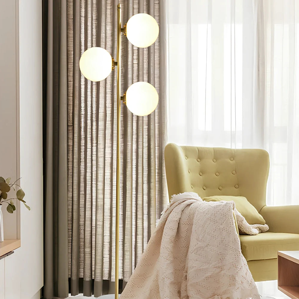 Vertical aluminium alloy floor lamp with gold finish and glass elements, 155cm height