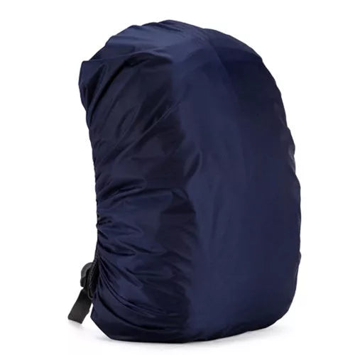 Waterproof backpack cover in various colors, showing elastic edge and compact fold