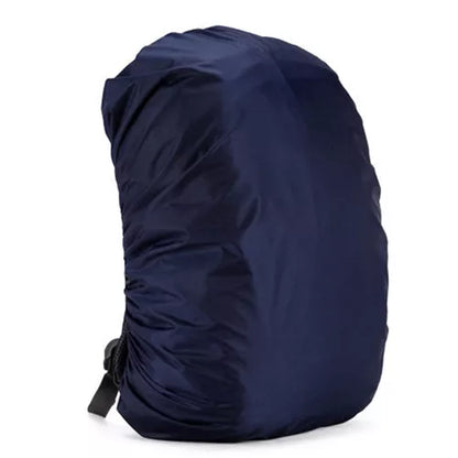 Waterproof backpack cover in various colors, showing elastic edge and compact fold