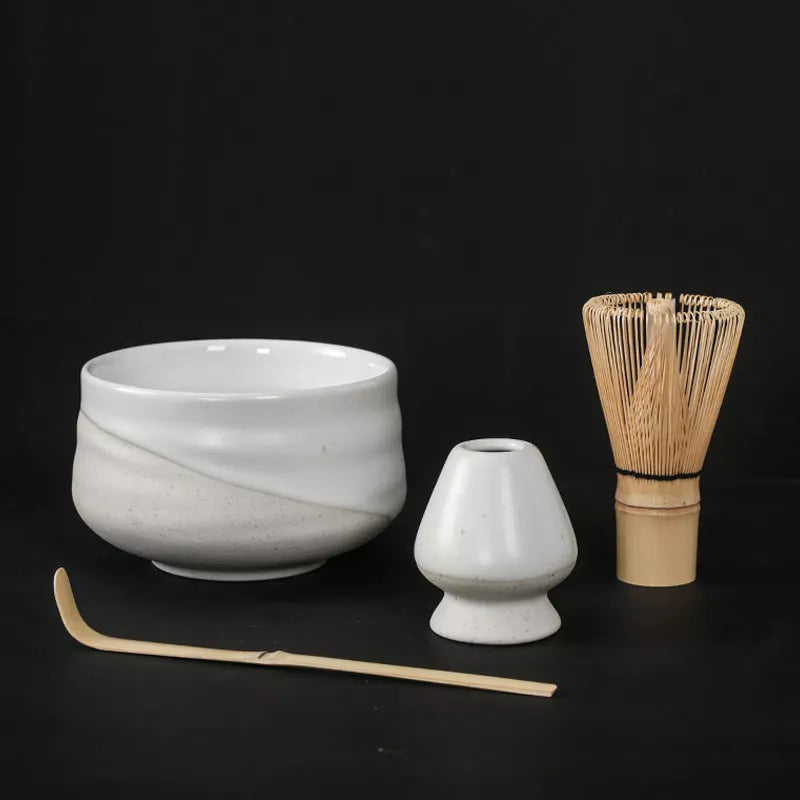 Japanese Matcha Tea Set with ceramic bowl and brush in clear glaze