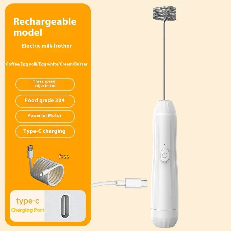 Mini handheld milk frother in black, white or khaki colour with stainless steel whisk and USB charging