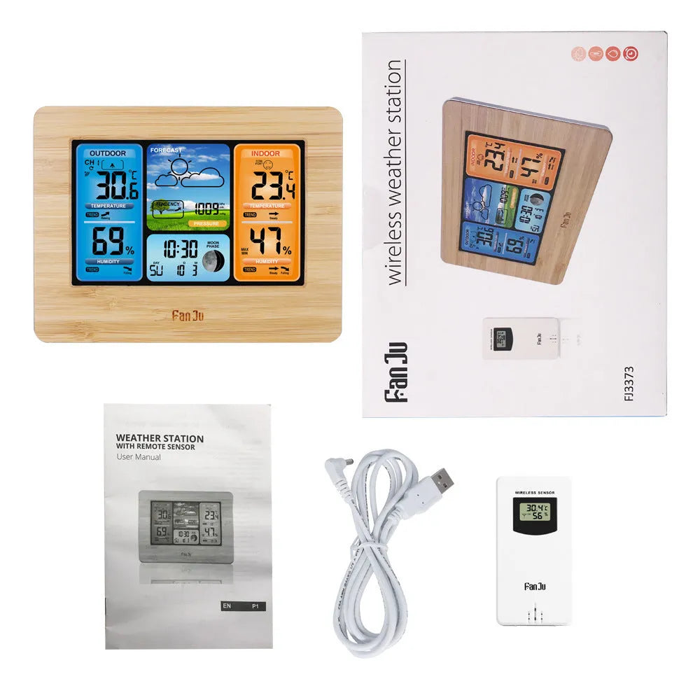 Rectangular LCD weather station showing temperature, humidity and weather forecast data
