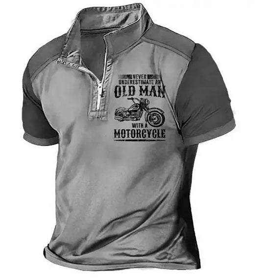 Men's casual polo shirt with digital letter printing and zipper decorations in polyester fibre