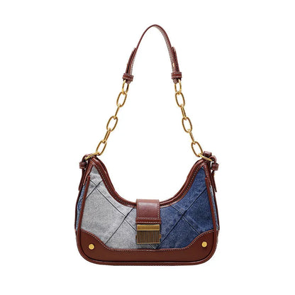 Brown denim women's bucket shoulder bag with diamond mesh detail and chain straps