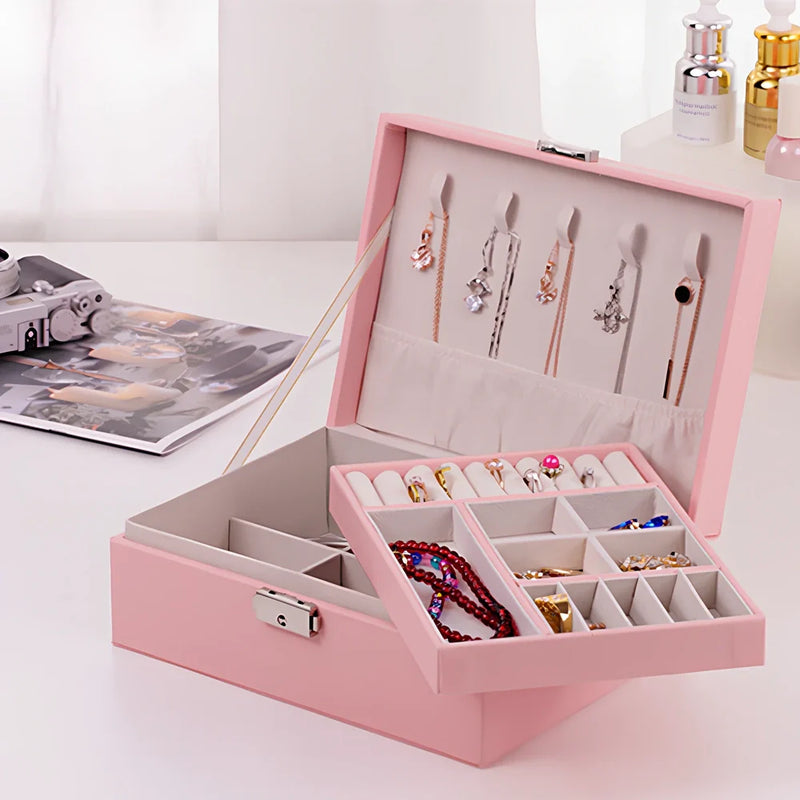 Wooden leather jewellery storage box measuring 23×17.5×9.8cm with multiple compartments for organised accessory storage and protection from tarnish