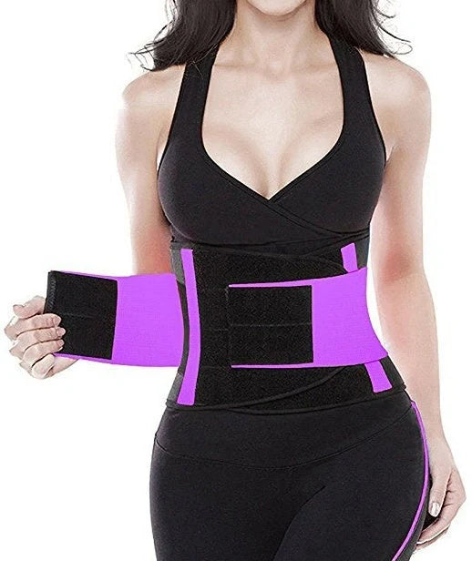 Women's slimming plastic belt in black, blue, orange, and purple for workout support