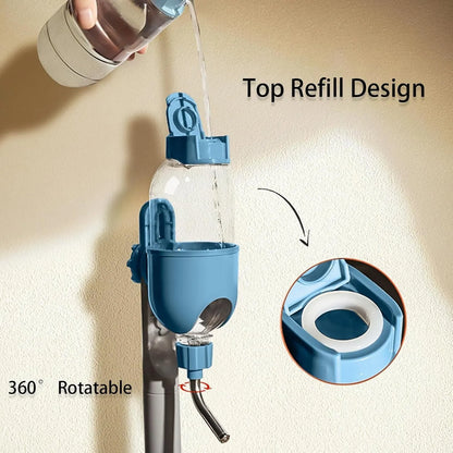 Blue small animal water bottle with rotatable nozzle mounted on a wire cage for a rabbit or guinea pig.