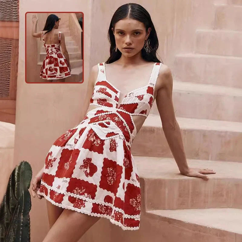 Women's red flower print lace sling dress with V-neck design