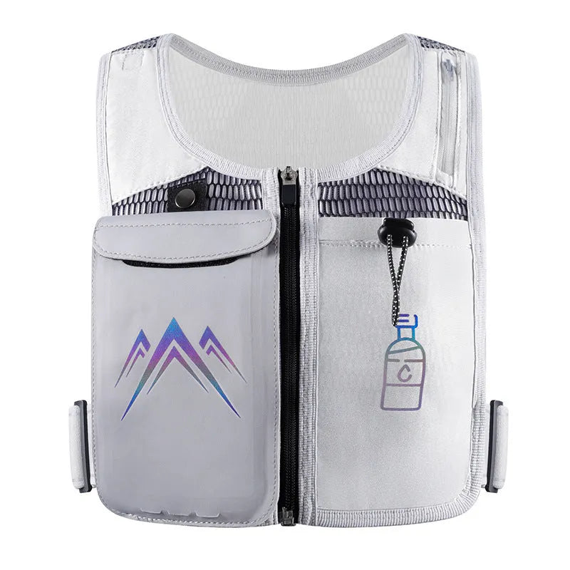 Black breathable mesh running vest with an integrated front pocket for a mobile phone.