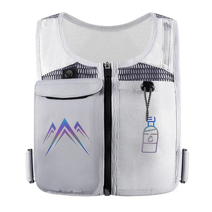 Black breathable mesh running vest with an integrated front pocket for a mobile phone.