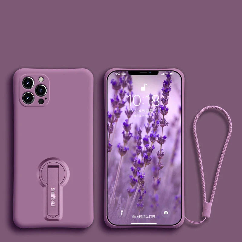 Liquid silicone anti-drop phone case for Apple iPhone 12 series with bracket and lanyard