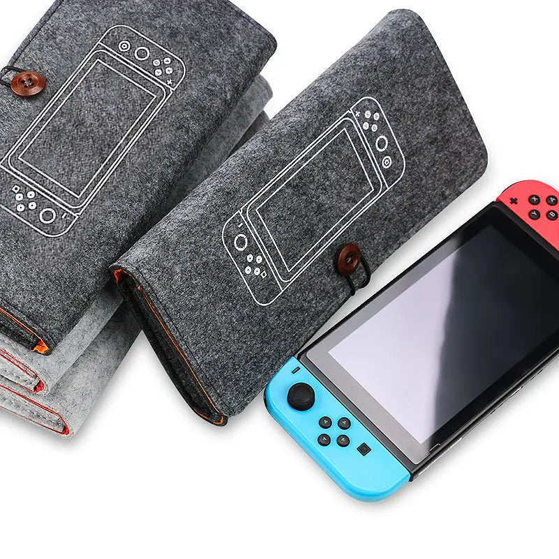 Black felt carrying pouch for Nintendo Switch with game card slots and double layer storage