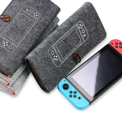 Black felt carrying pouch for Nintendo Switch with game card slots and double layer storage