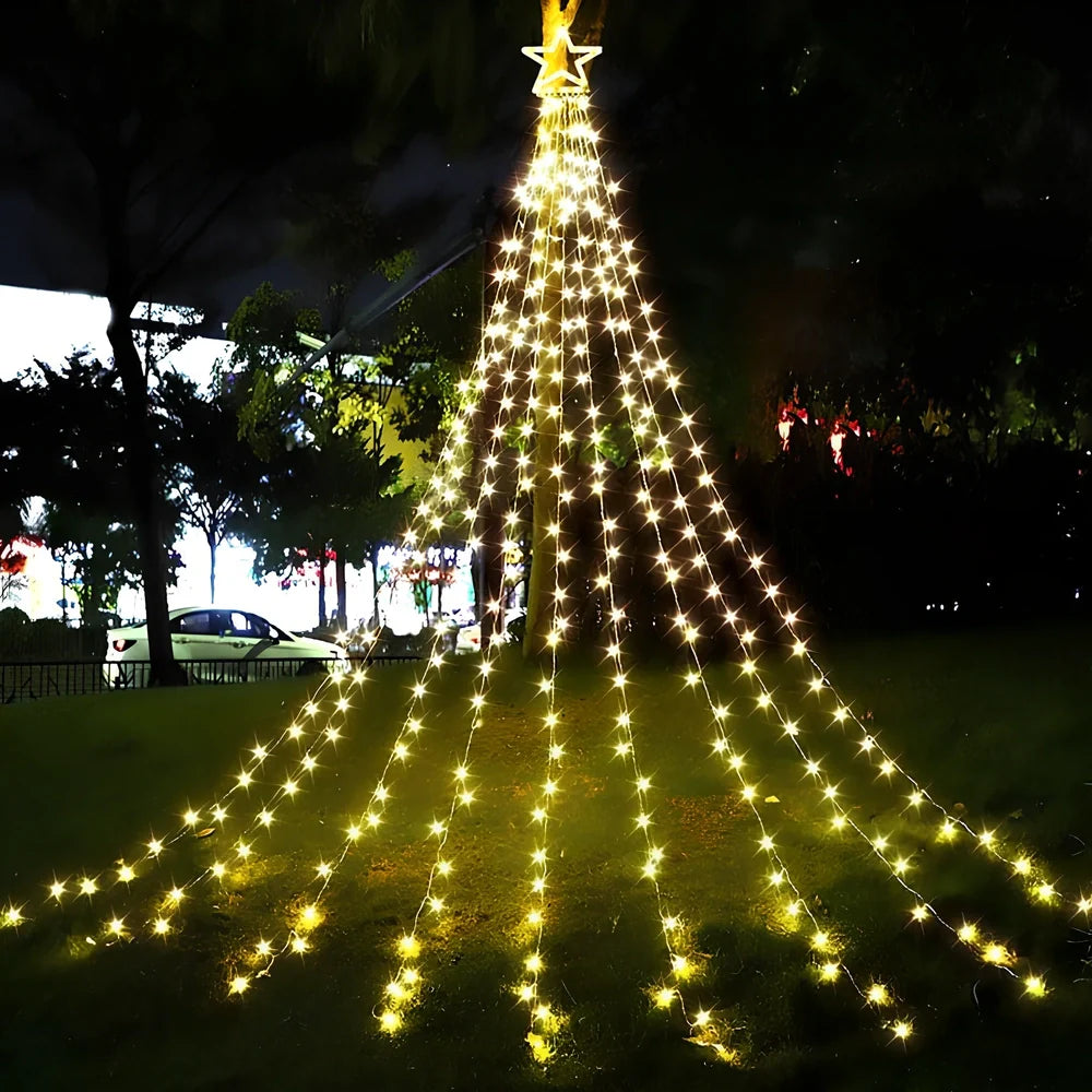 LED five-pointed star waterfall light, 1000mm length with 1000 lumens warm white glow for outdoor courtyard decoration, IP44 rated