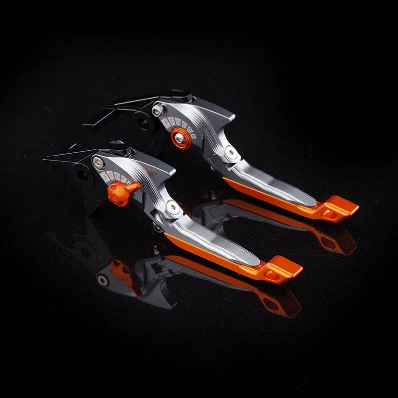 Motorcycle horn handle brake and clutch lever set in anodised metal with adjustable mechanism