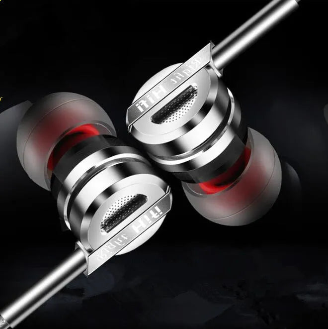 Black and silver metal in-ear headphones with tangle-free cable and inline microphone remote.