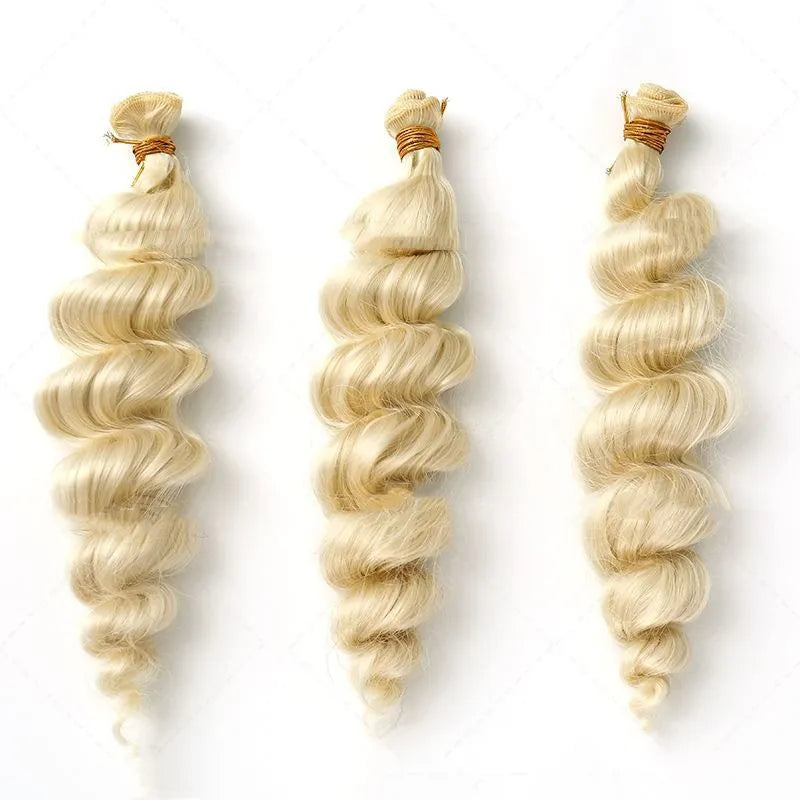 Women's high temperature fibre wig hair weft in golden colour, available in 18-inch, 20-inch, and 22-inch lengths, featuring a machine-wefted construction for lady's styling and suitable for all skin tones.