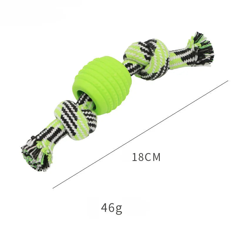 Navy blue dog chew toy with molar-shaped rubber sections and white cotton rope, 25cm long