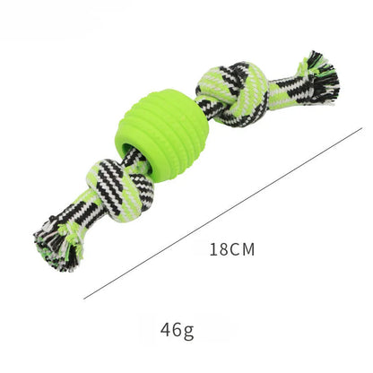 Navy blue dog chew toy with molar-shaped rubber sections and white cotton rope, 25cm long