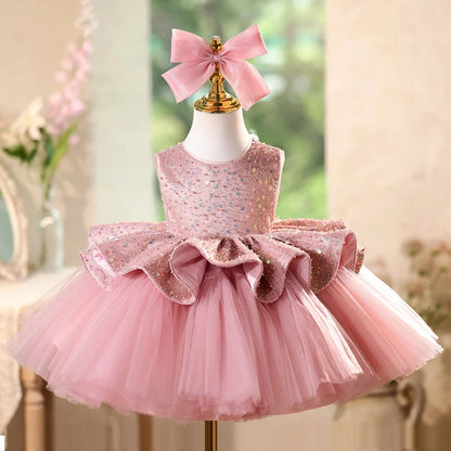 Pink flower girl dress for children with height sizing from 80cm to 150cm