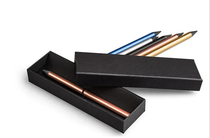 Inkless metal pen with 0.5mm alloy steel nib in silver finish, showing 16cm length and included presentation box