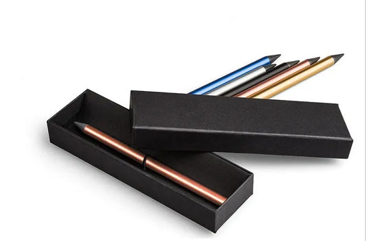 Inkless metal pen with 0.5mm alloy steel nib in silver finish, showing 16cm length and included presentation box