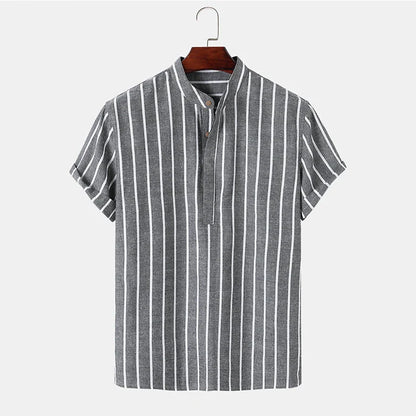 Men's striped short sleeve cotton shirt in white, red, gray, and blue