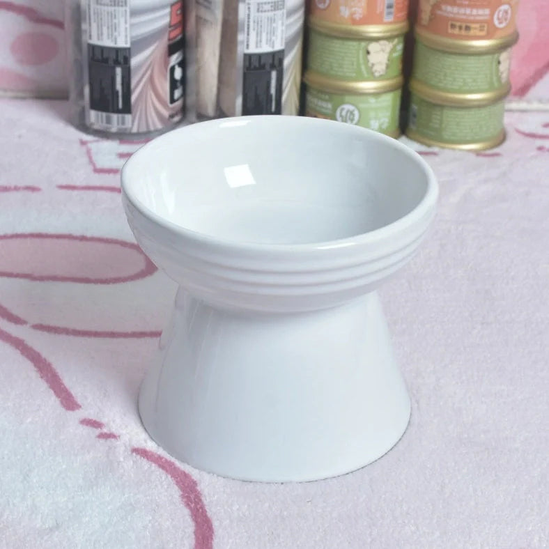 White ceramic pet bowl with high foot neck protector showing 15cm diameter and 8cm height measurement
