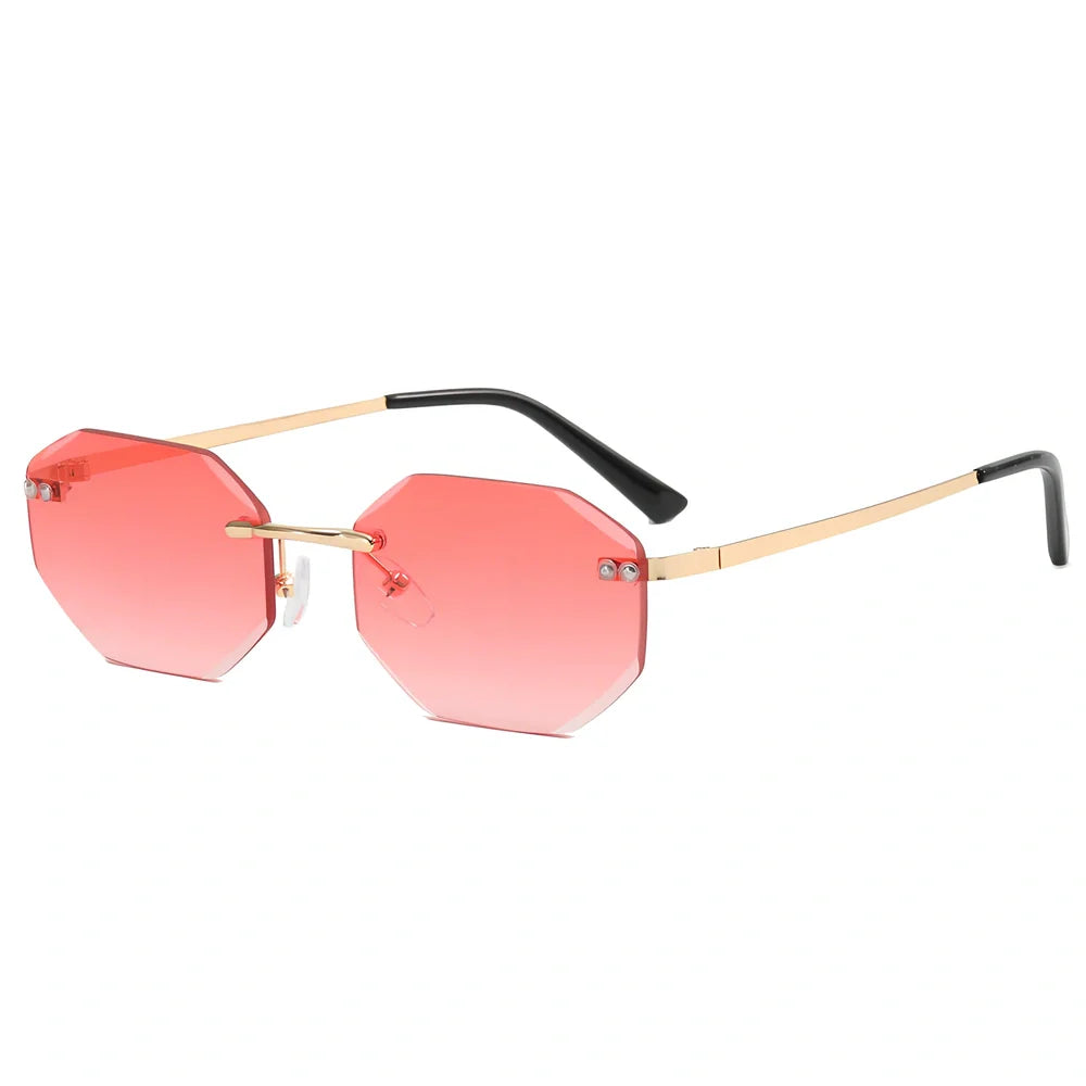 Frameless polygon glasses with geometric pattern lenses and gold frame in multiple colour options