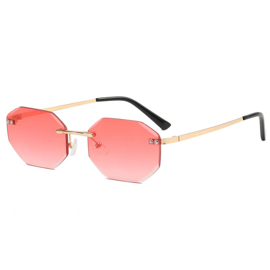 Frameless polygon glasses with geometric pattern lenses and gold frame in multiple colour options