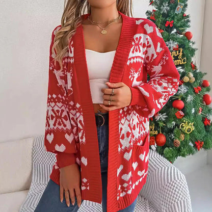 Cozy knit Christmas sweater for women with oversized deer print design and lantern sleeves