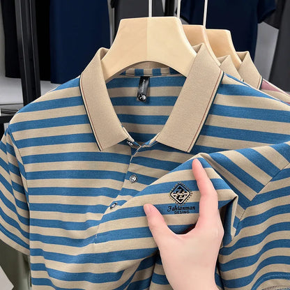 Men's striped mosaic pattern short sleeve casual top in blue, showing size label and fabric detail