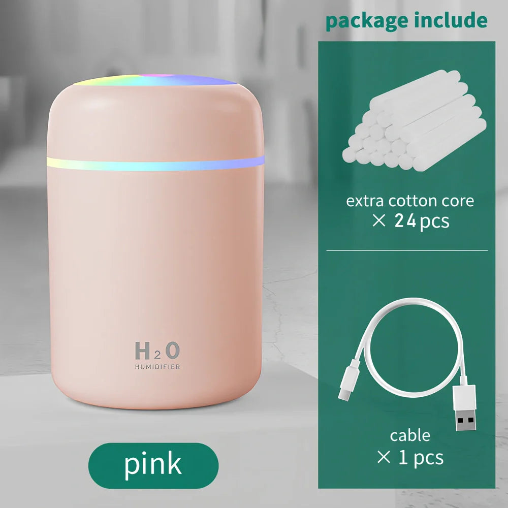 Compact USB car humidifier with colourful LED light and 300ml water tank for vehicle use