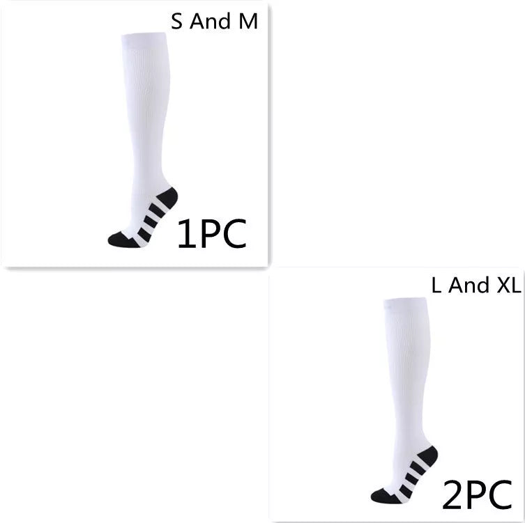 Athletic compression socks with three-bar design in black, pink, and white