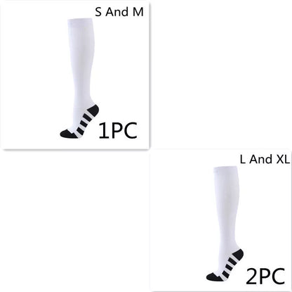 Athletic compression socks with three-bar design in black, pink, and white