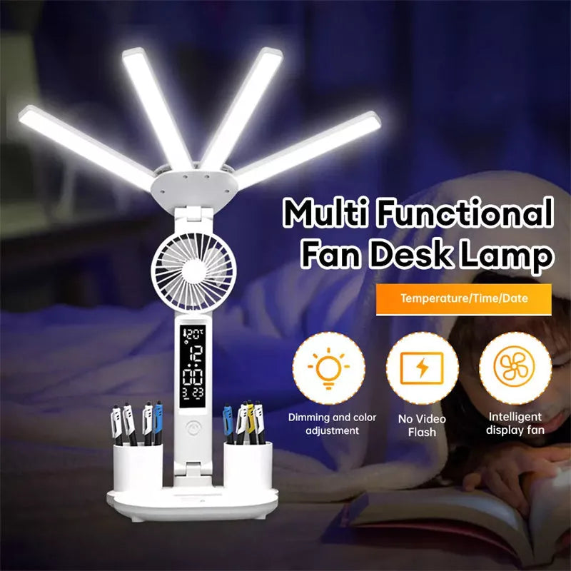 3-in-1 Multifunction LED Desk Lamp with fan, calendar clock, and adjustable lighting
