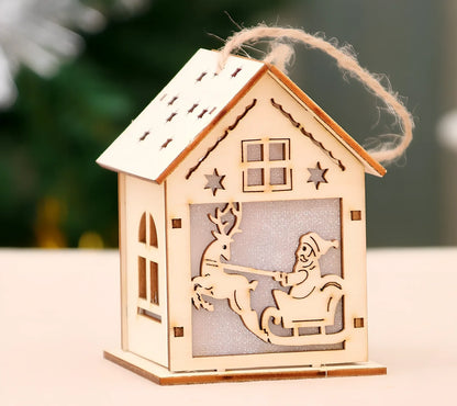 Wooden Christmas decorations with LED lights showing four character styles hanging on tree branches