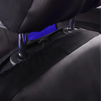 Artificial leather car seat covers in black, showing 9-piece set with headrest and seat protection on a 5-seater car